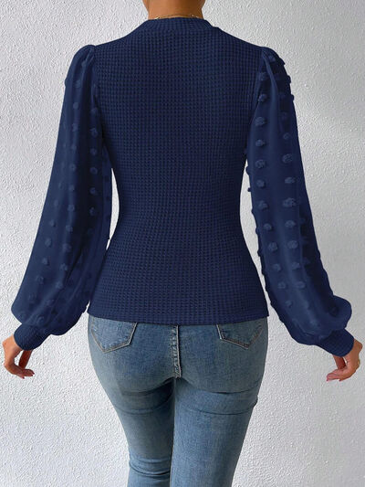 Swiss Dot Waffle-Knit Lantern Sleeve Shirt