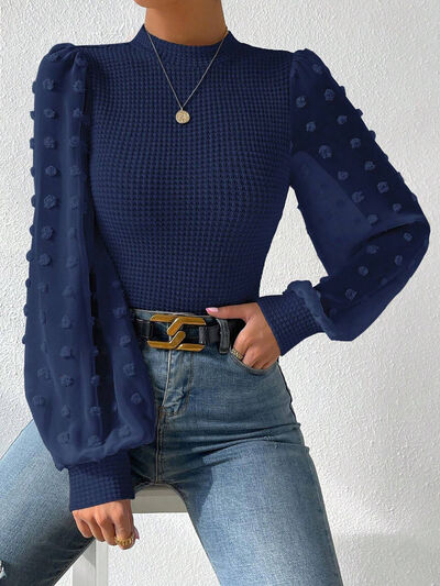 Swiss Dot Waffle-Knit Lantern Sleeve Shirt