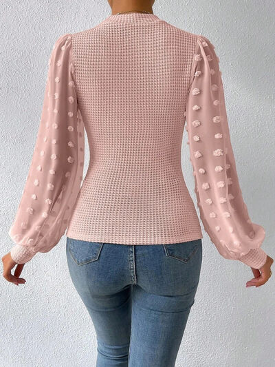 Swiss Dot Waffle-Knit Lantern Sleeve Shirt