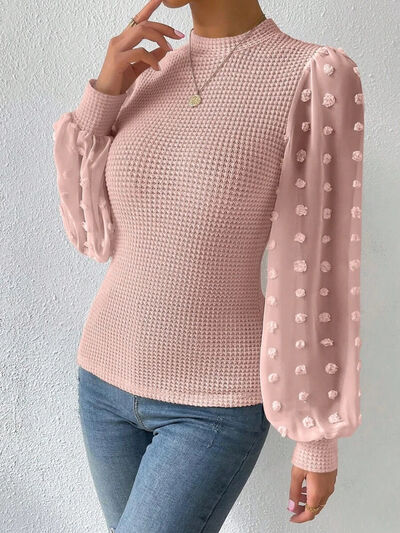 Swiss Dot Waffle-Knit Lantern Sleeve Shirt