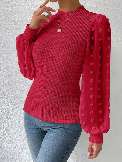 Swiss Dot Waffle-Knit Lantern Sleeve Shirt
