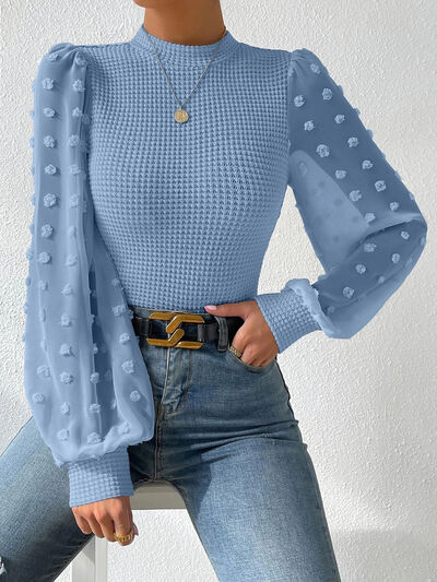 Swiss Dot Waffle-Knit Lantern Sleeve Shirt