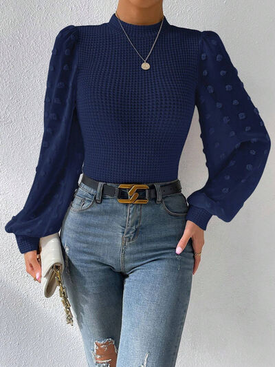 Swiss Dot Waffle-Knit Lantern Sleeve Shirt