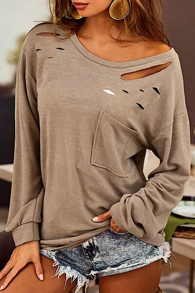 Distressed Pocketed Round Neck Long  Sleeve Shirt
