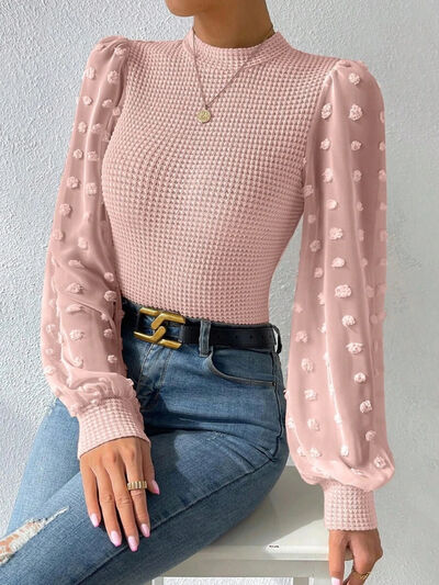 Swiss Dot Waffle-Knit Lantern Sleeve Shirt