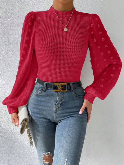 Swiss Dot Waffle-Knit Lantern Sleeve Shirt