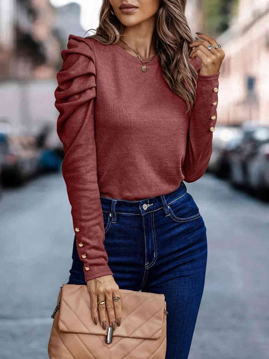 Decorative Button Puff Sleeve Shirt