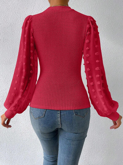 Swiss Dot Waffle-Knit Lantern Sleeve Shirt
