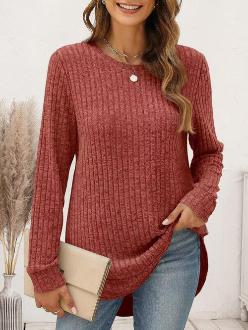 Ribbed Round Neck Long Sleeve Shirt