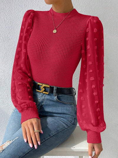 Swiss Dot Waffle-Knit Lantern Sleeve Shirt