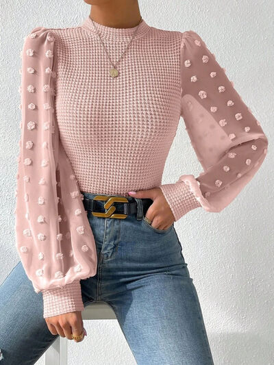 Swiss Dot Waffle-Knit Lantern Sleeve Shirt