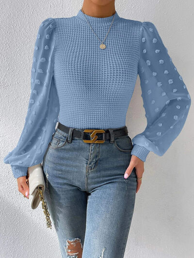 Swiss Dot Waffle-Knit Lantern Sleeve Shirt