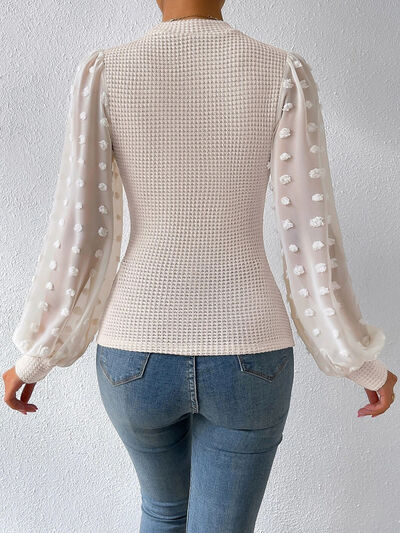 Swiss Dot Waffle-Knit Lantern Sleeve Shirt
